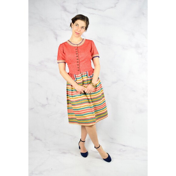 1940s Rainbow Dress Size Small 40s Striped Peplum Dress Crochet Details Wool - Picture 9 of 10